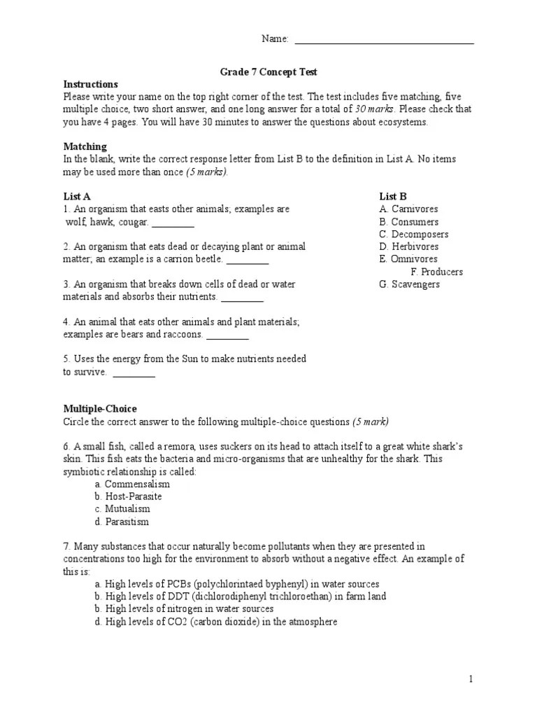 Seventh Grade Ecosystem Multiple Choice Concept Test