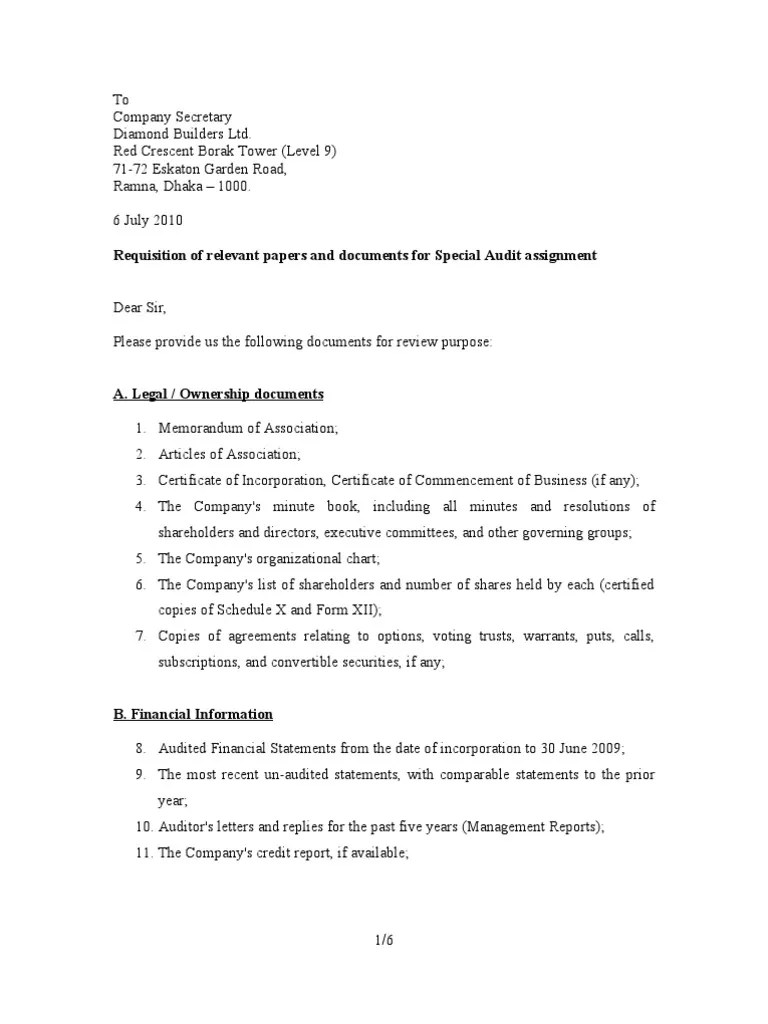 Requsition Letter For Due Diligence Assignment PDF Employment