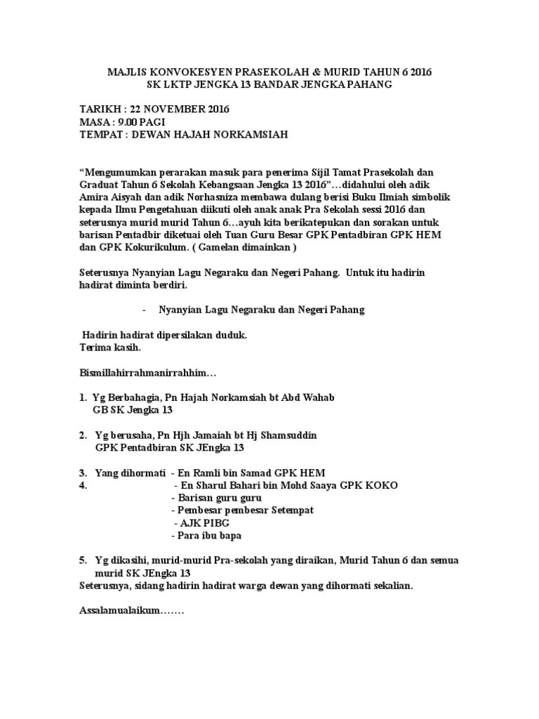 Skrip Pengacara Majlis Konvokesyen Prasekolah 2016