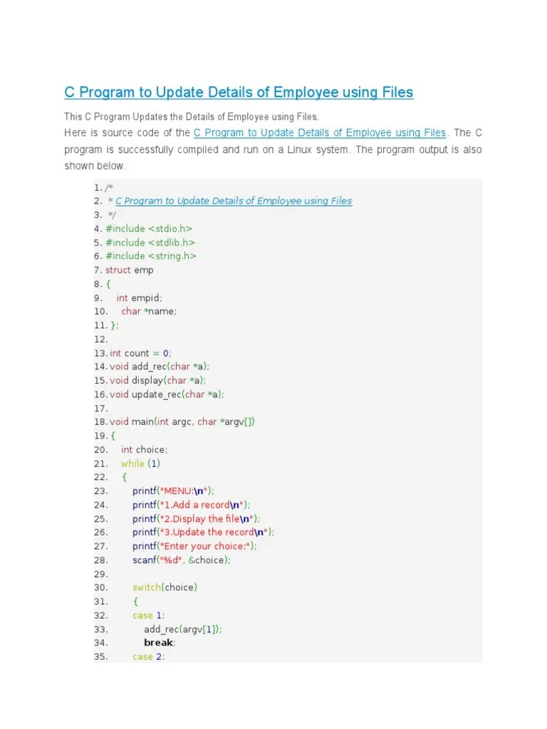 C Program to Update Details of Employee Using Files C++