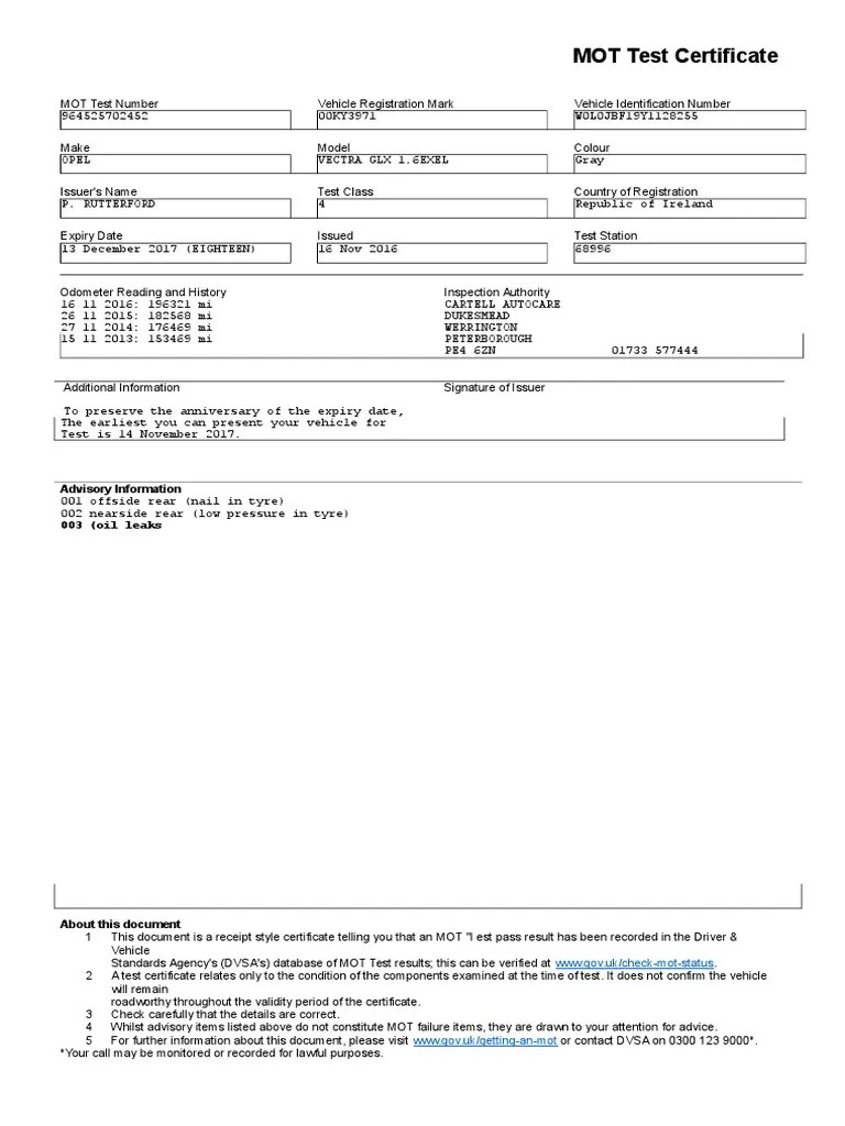 MOT Test Certificate PDF Vehicles Land Transport