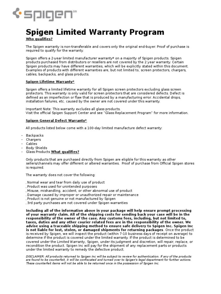 Spigen Limited Warranty Program PDF Implied Warranty Common Law
