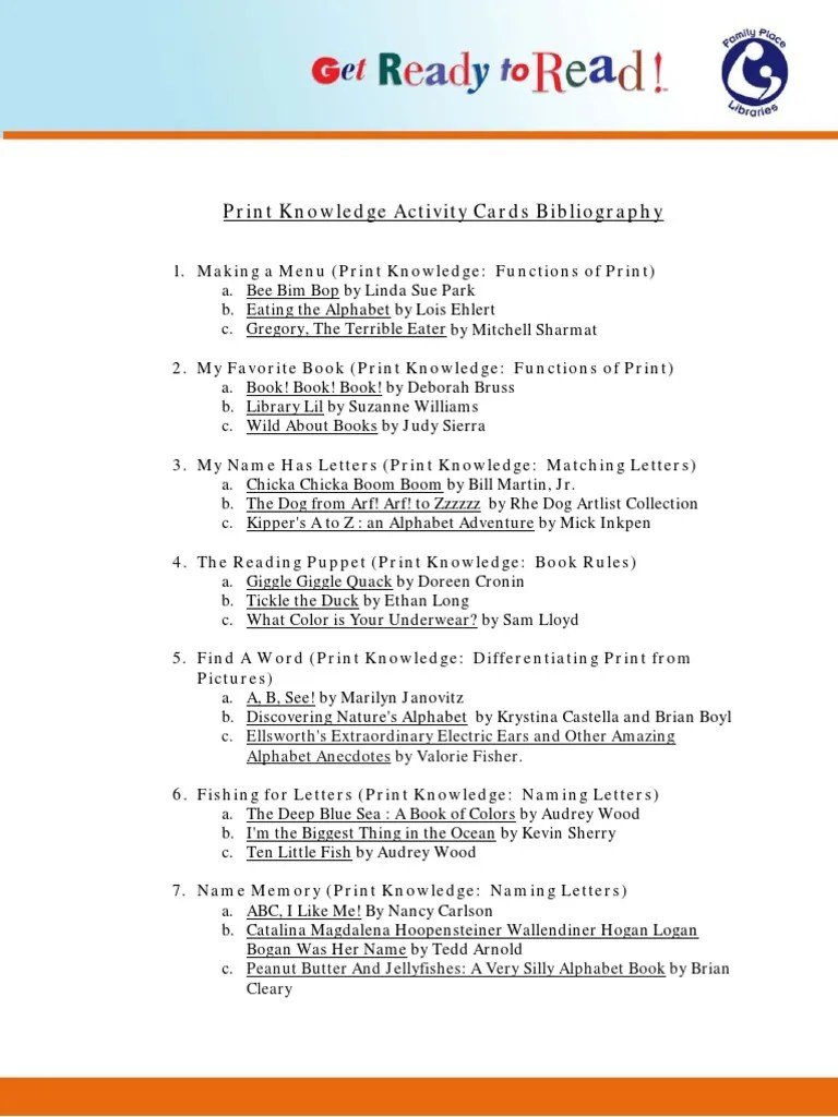 Print Knowledge Activity Cards Bibliography PDF Children's