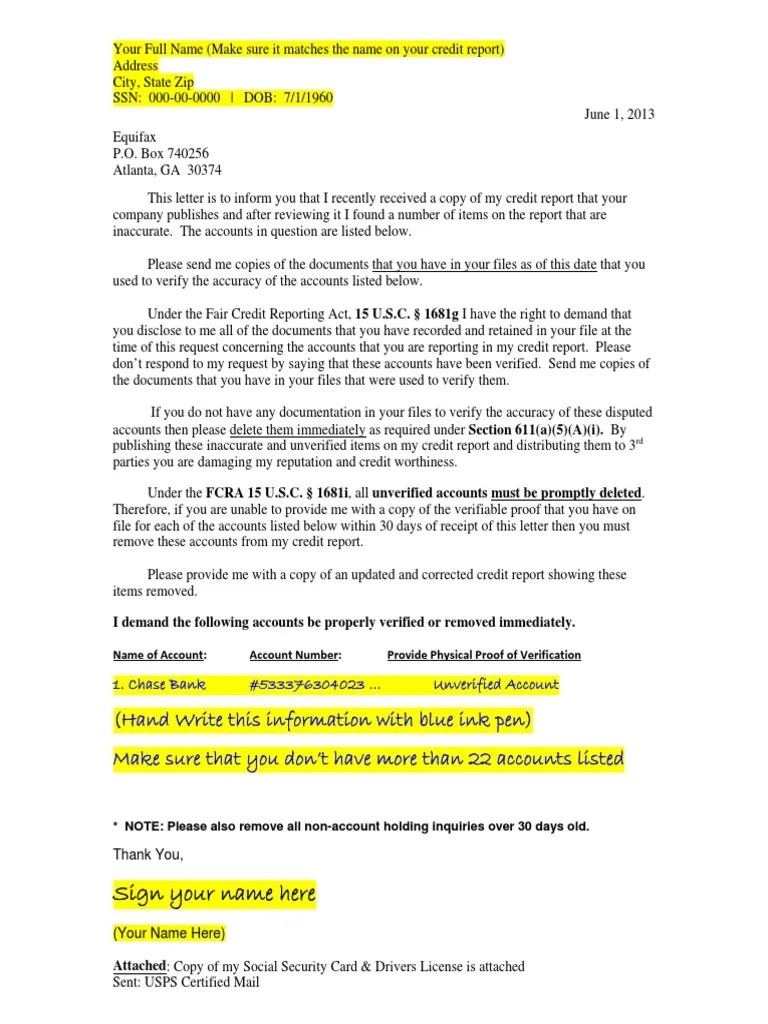 609 Credit Dispute Letter1 PDF Credit History Social Security Number