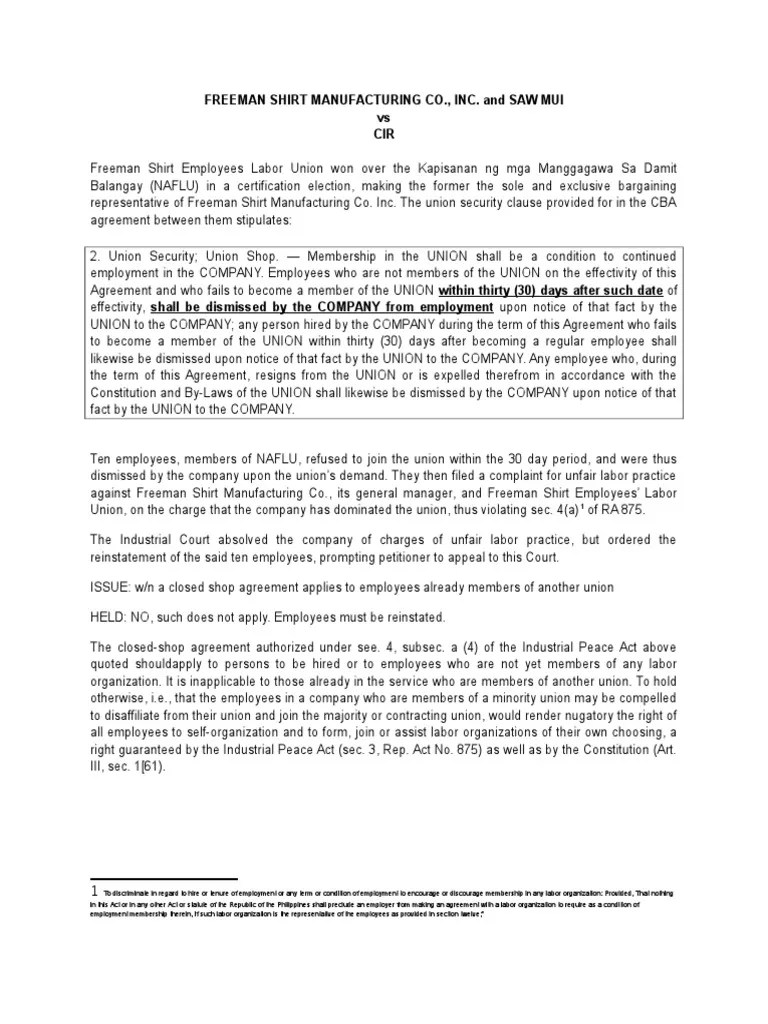 Freeman Shirt Employees Union vs CIR on Closed Shop Agreement PDF