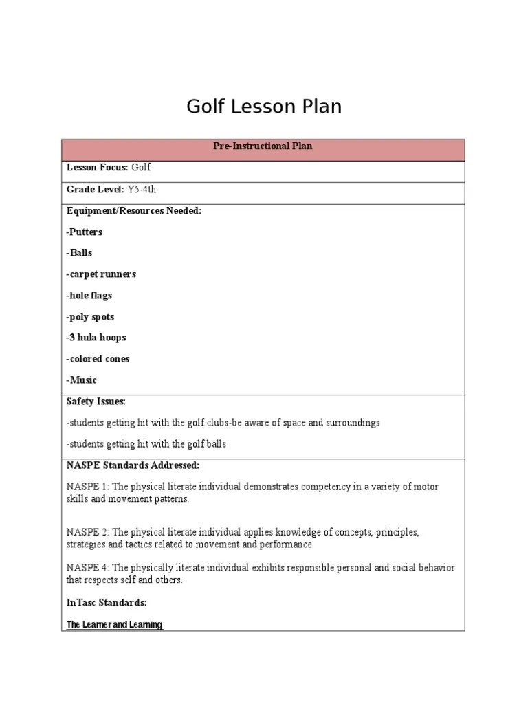 elementary golf lesson plan Educational Assessment Learning