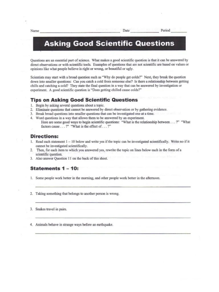 Asking Good Scientific Questions Worksheet | PDF