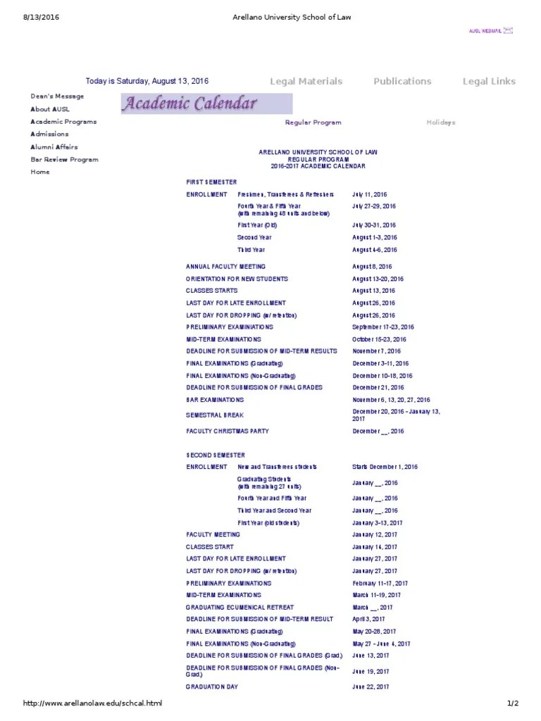 20162017 Arellano University School of Law Academic Calendar