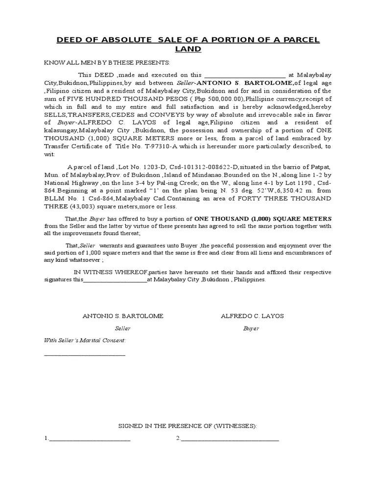 Deed of Absolute Sale of a Portion of a Parcel Land Property Law