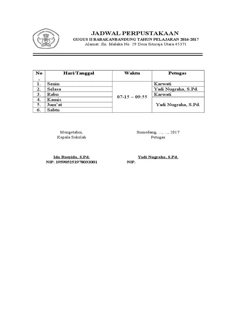 Contoh Jadwal Perpustakaan Di Sekolah Dasar (SD) | PDF
