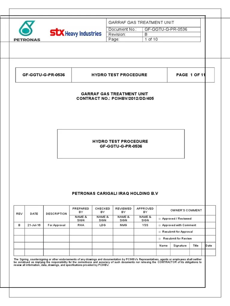Hydro Test Procedure Pipe (Fluid Conveyance) Valve