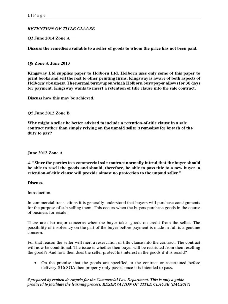 Retention of Title Clause Sales Contractual Term