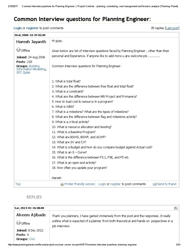 Common Interview Questions For Planning Engineer Forum