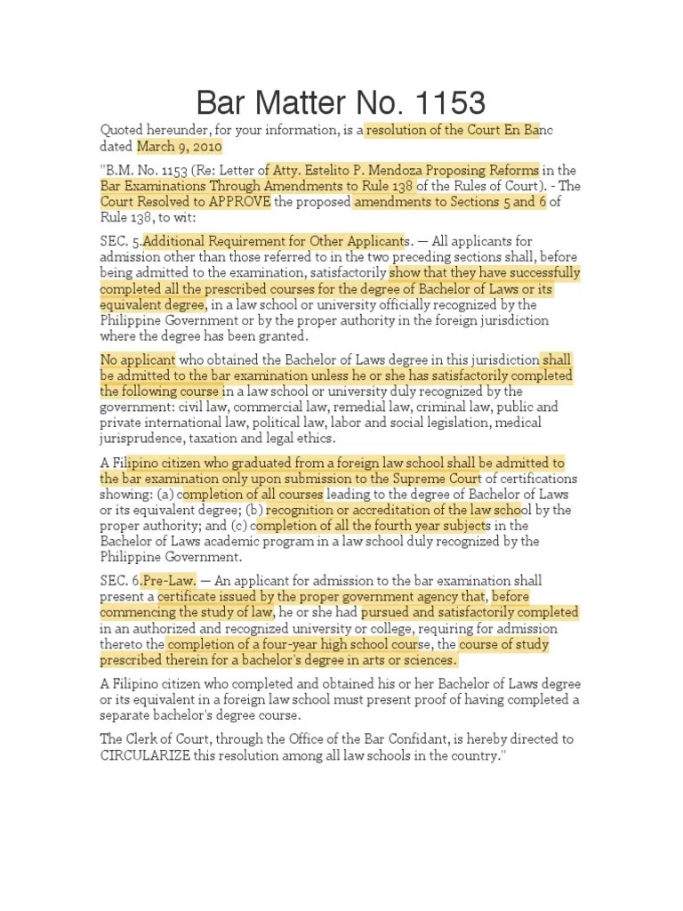 Bar Matter No. 1153 Law School Academic Degree