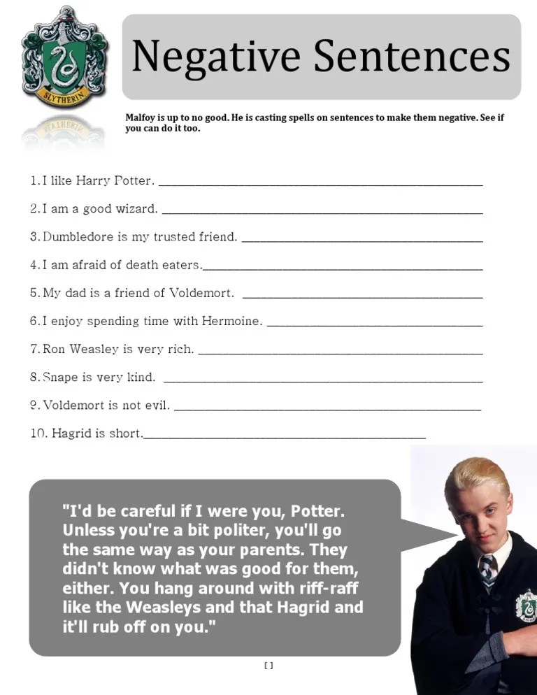 Harry Potter Negative Sentences PDF