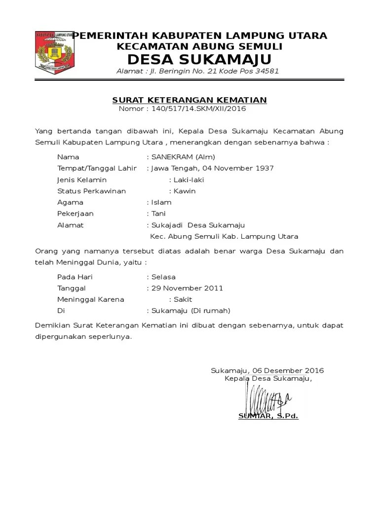 Blanko Surat Keterangan Kematian