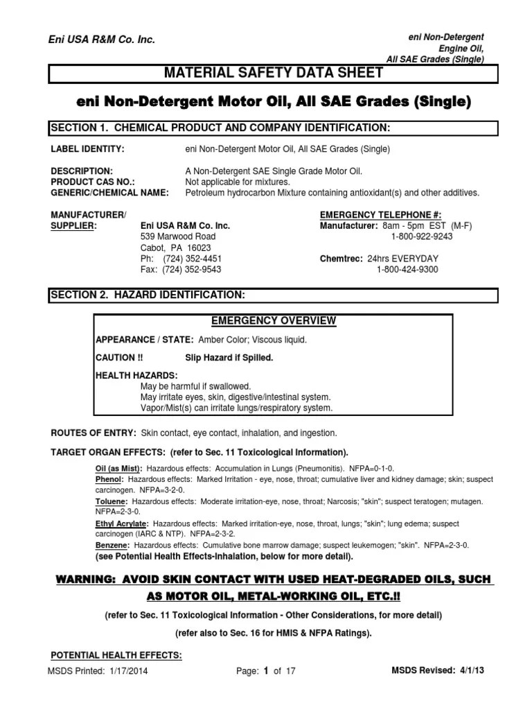 Sds Eni Non Detergent Motor Oil All Sae | Personal Protective Equipment