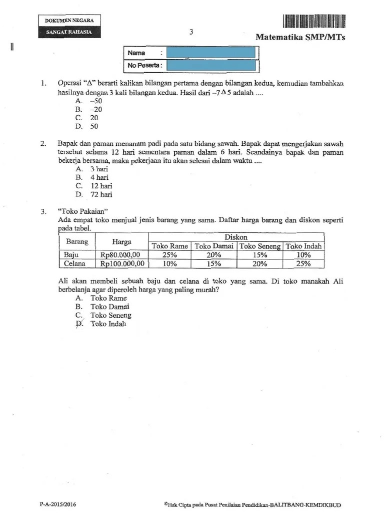 UN Matematika SMP 2016 Paket 1