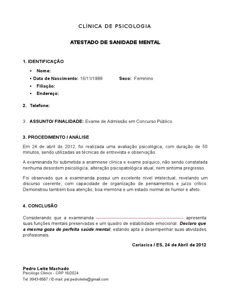 Modelo de Atestado de Sanidade Mental