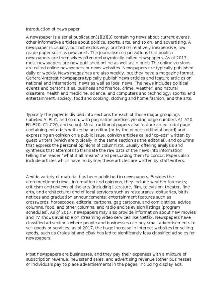 Introduction of News Paper Newspapers News Media