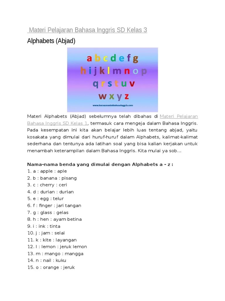 Materi Pelajaran Bahasa Inggris SD Kelas 3