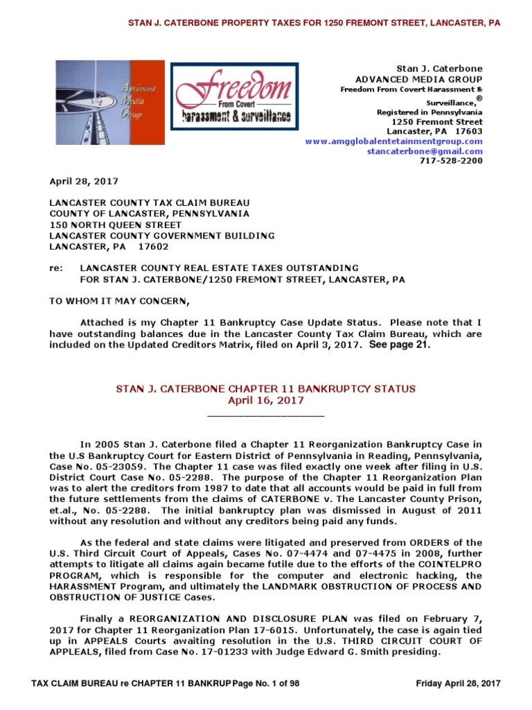 LETTER TO LANCASTER COUNTY TAX CLAIM BUREAU re Upaid Real Estate Taxes