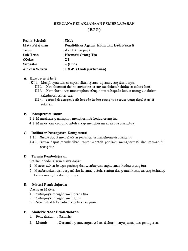 RPP Menghormati Ortu | PDF