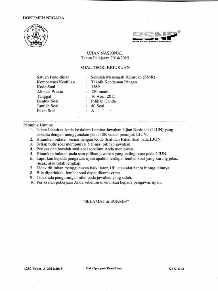 Soal Un Smk 20142015 Tkr A