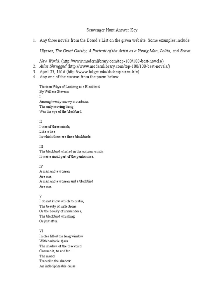 Scavenger Hunt Answer Key 2 | PDF | English Language Literature | Poetry