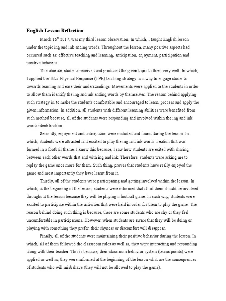 english lesson reflection Learning Teaching