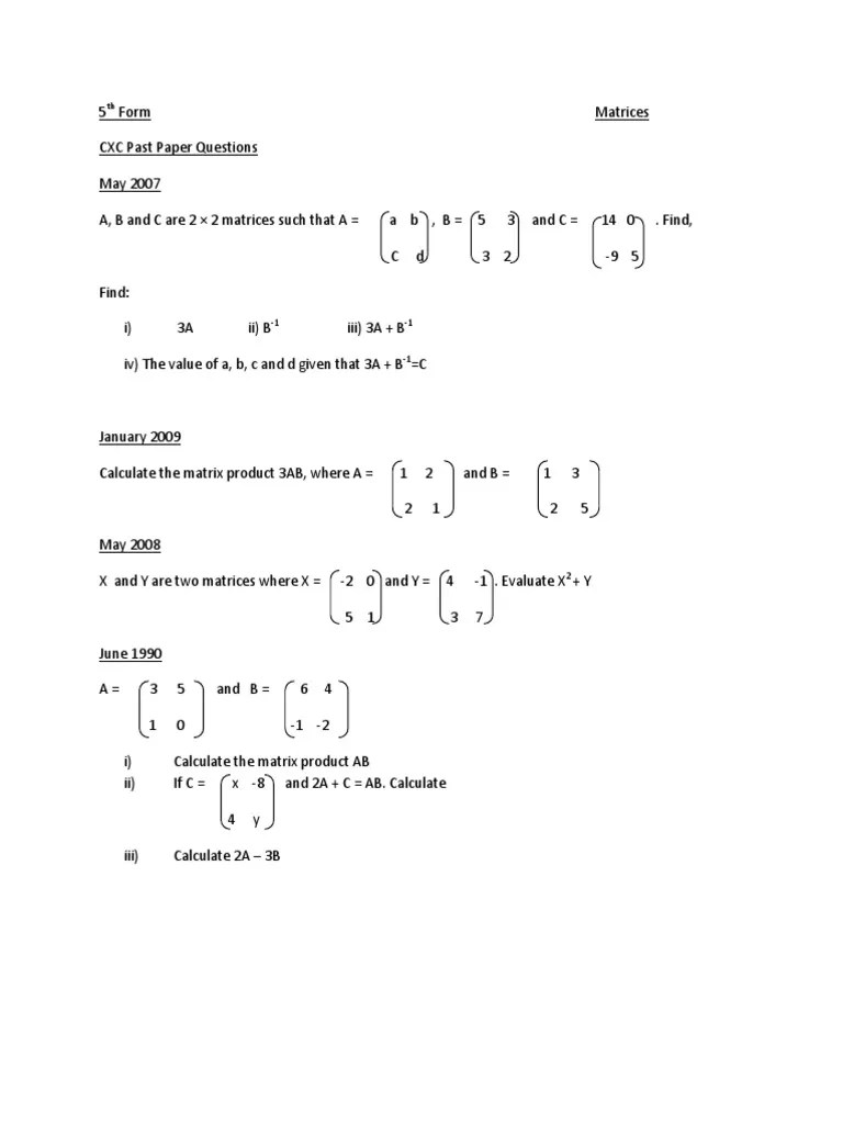 5th Matrices CXC Questions Matrix (Mathematics) Determinant