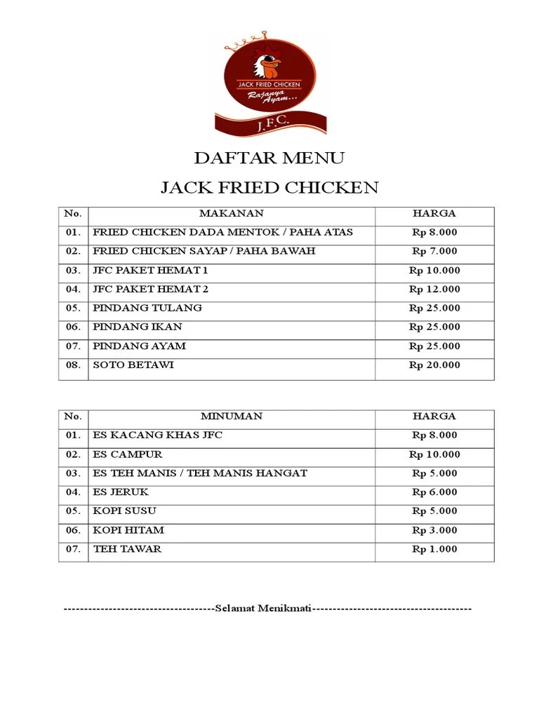 Daftar Menu Jfc