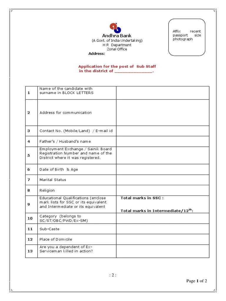 Application Form Andhra Bank Sub Staff Posts Identity