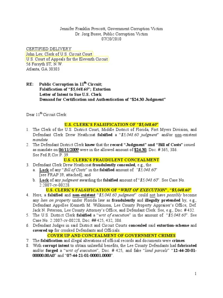 Letter of Demand and Intent to Sue Supplemental Jurisdiction