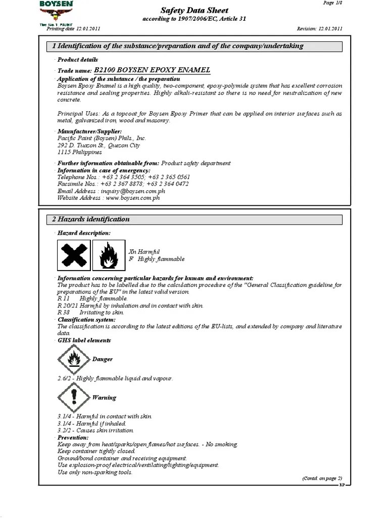 b2100 Boysen Epoxy Enamel Dangerous Goods Water