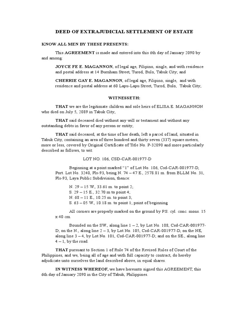 Extrajudicial Settlement of Estate Property Civil Law Law)