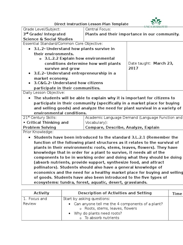 direct instruction lesson plan template Plants Root Free 30day
