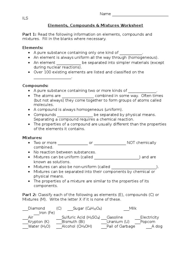 Element Compound Mixture Worksheet