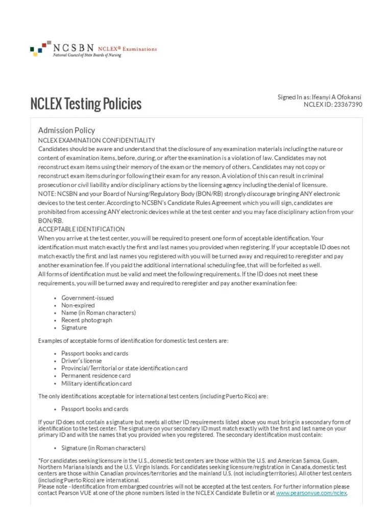 Pearson VUE NCLEX Testing Policies National Council Licensure