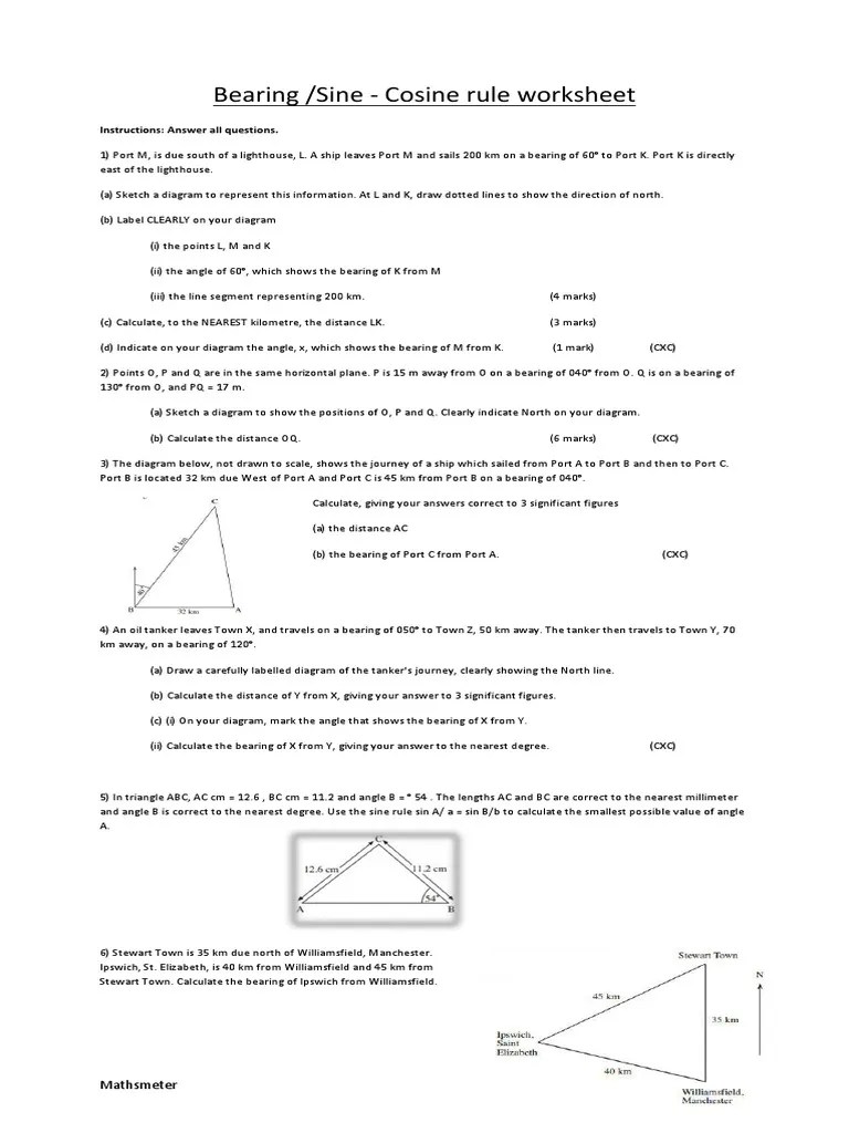 Bearings, Sine Rule & Cosine Rule Worksheet MathsMeter Sine Triangle