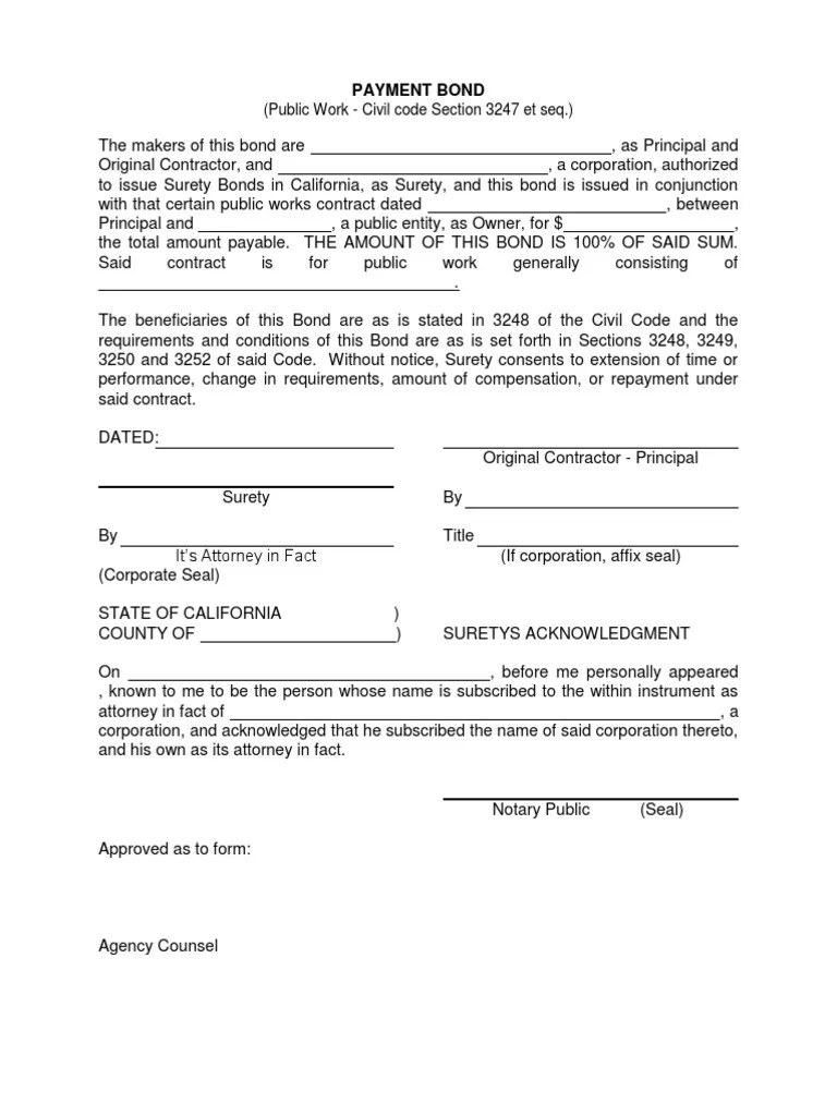 PAYMENT BOND and Performance Bond Surety Bond Contract Law
