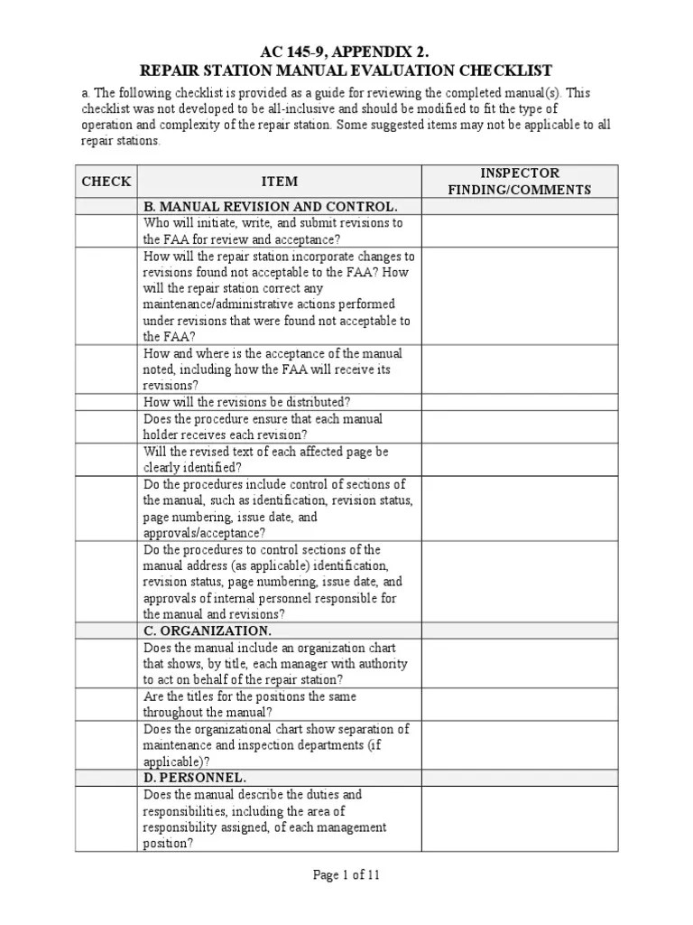 Repair Station Manual Evaluation Checklist Calibration