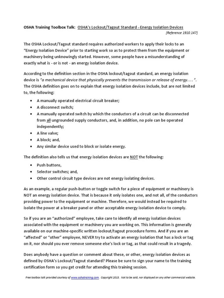OSHA Training Toolbox Talk LockoutTagout Energy Isolation Devices