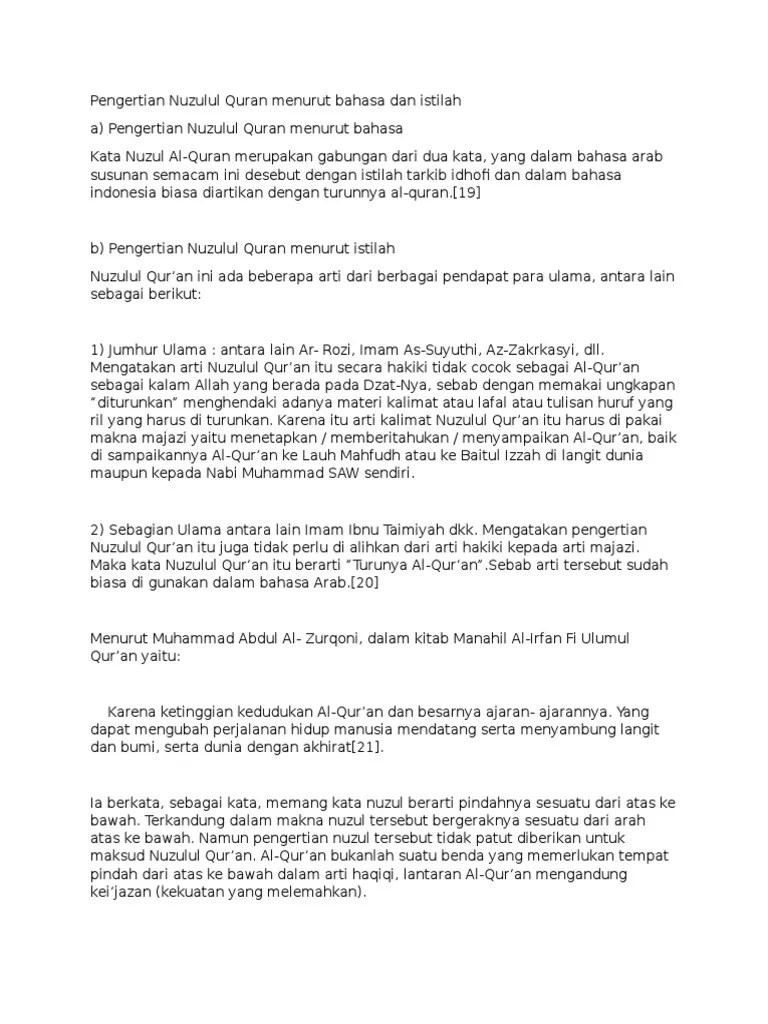Pengertian Nuzulul Quran Menurut Bahasa Dan Istilah | PDF