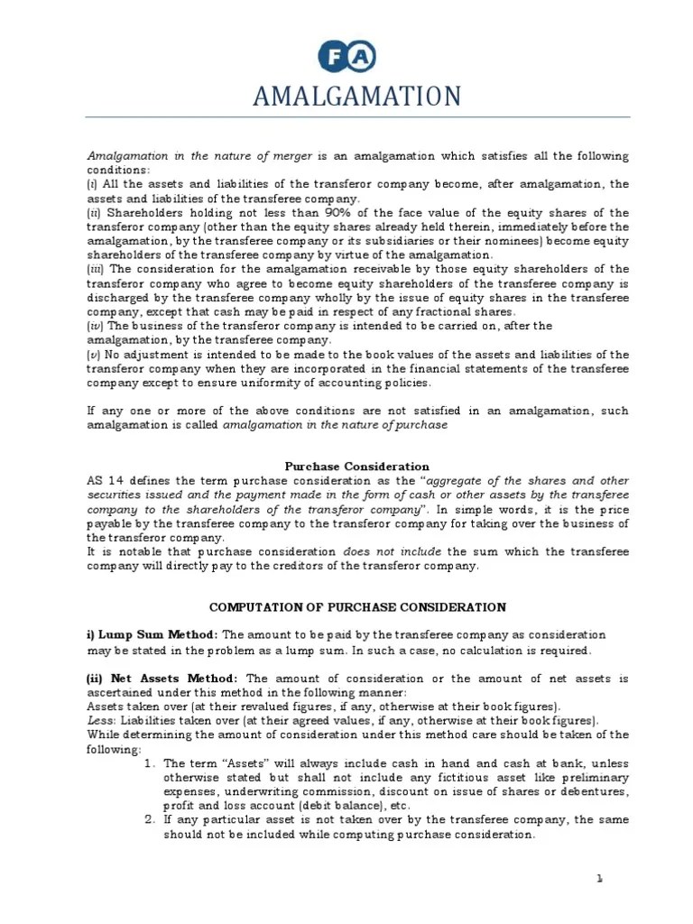 Amalgamation Revision Notes PDF Consolidation (Business) Equity