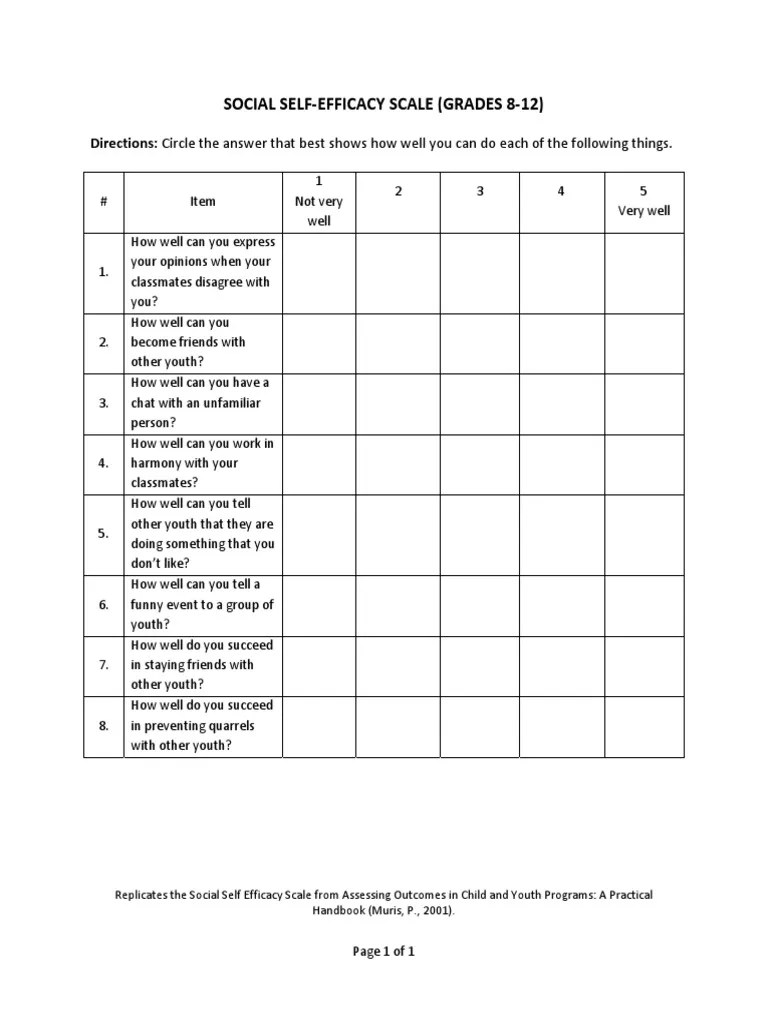Muris Social Self Efficacy Scale Grades 8 12 0 Psychology & Cognitive