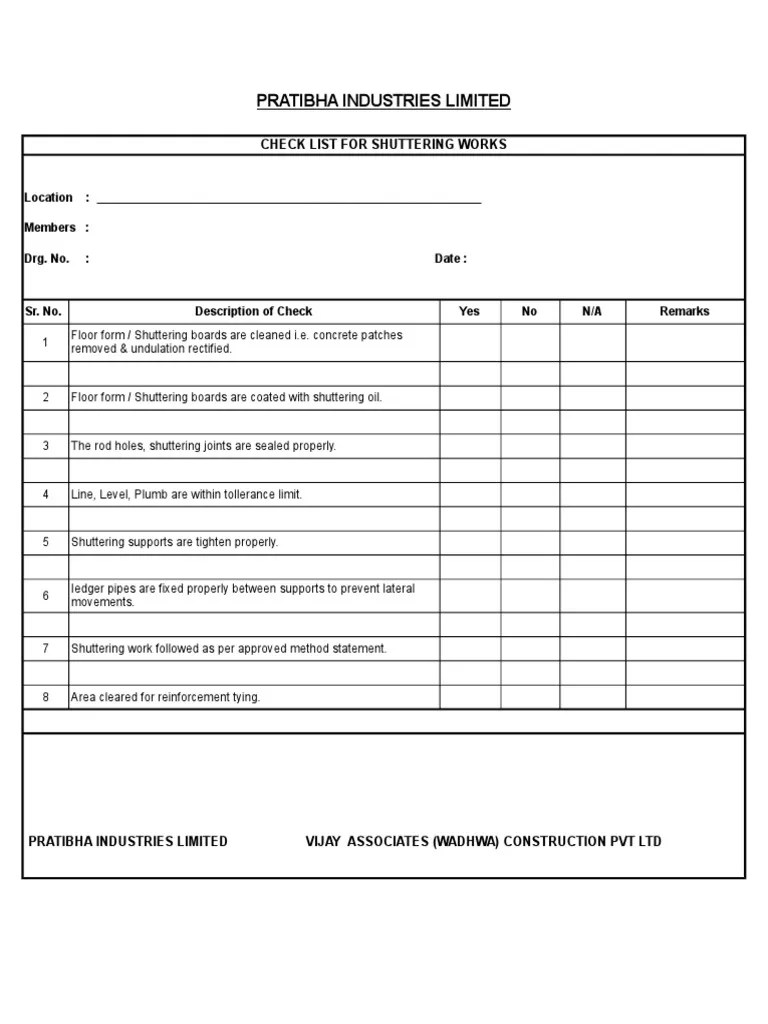Check List for Shuttering Works