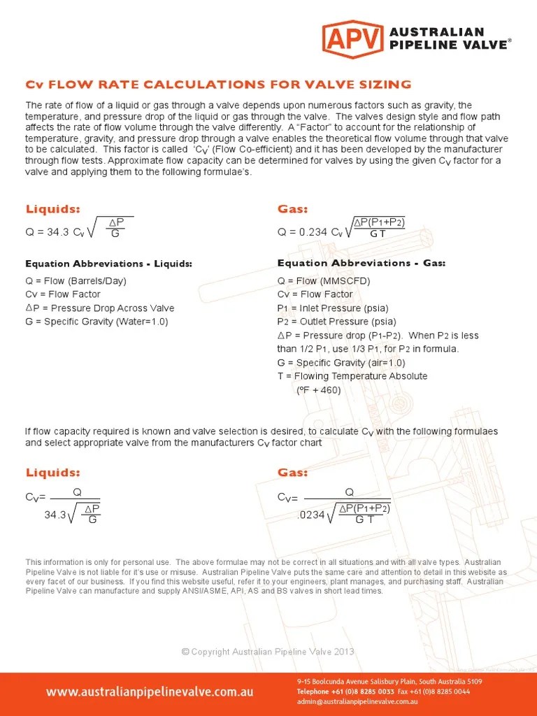 Valve CV Flow Rate Formlae PDF Valve Pressure