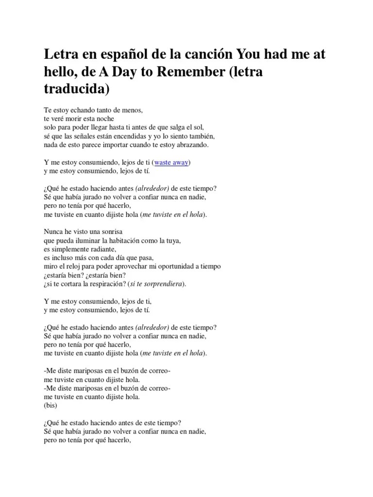 Letra en Español de La Canción You Had Me at Hello Música grabada Ocio