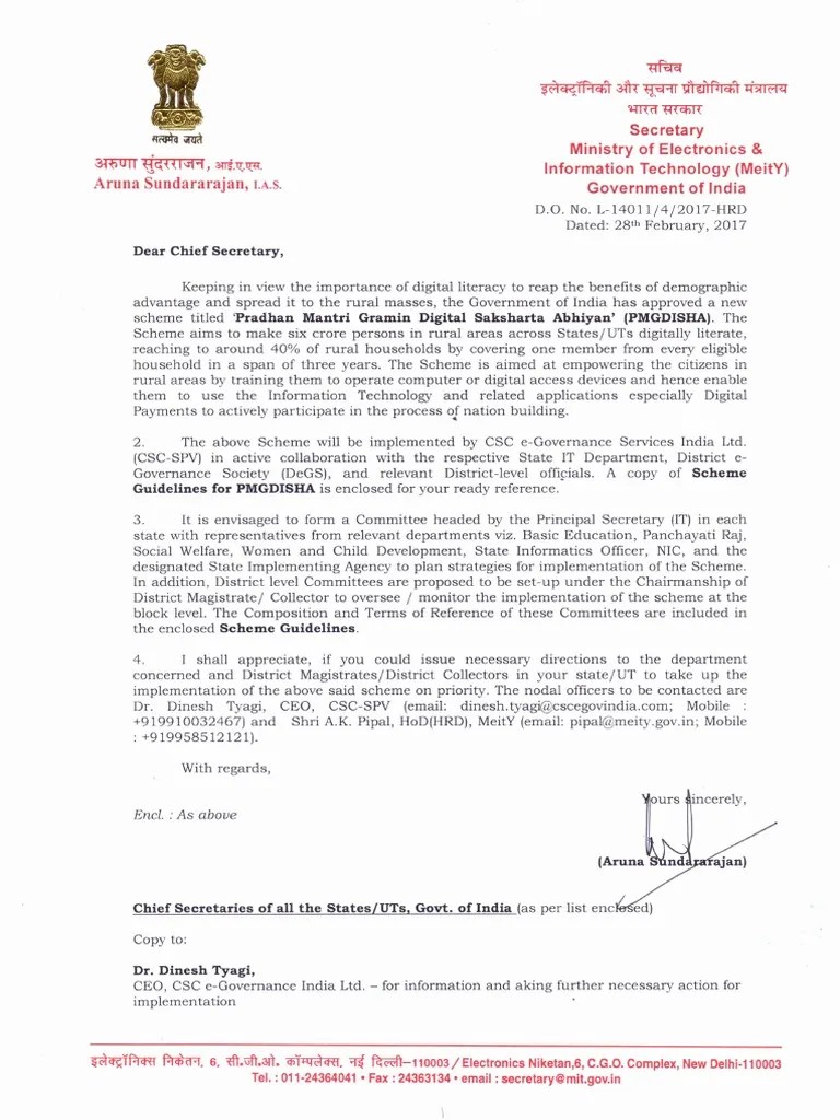 Letter to Chief Secretaries States And Territories Of India Government Of India